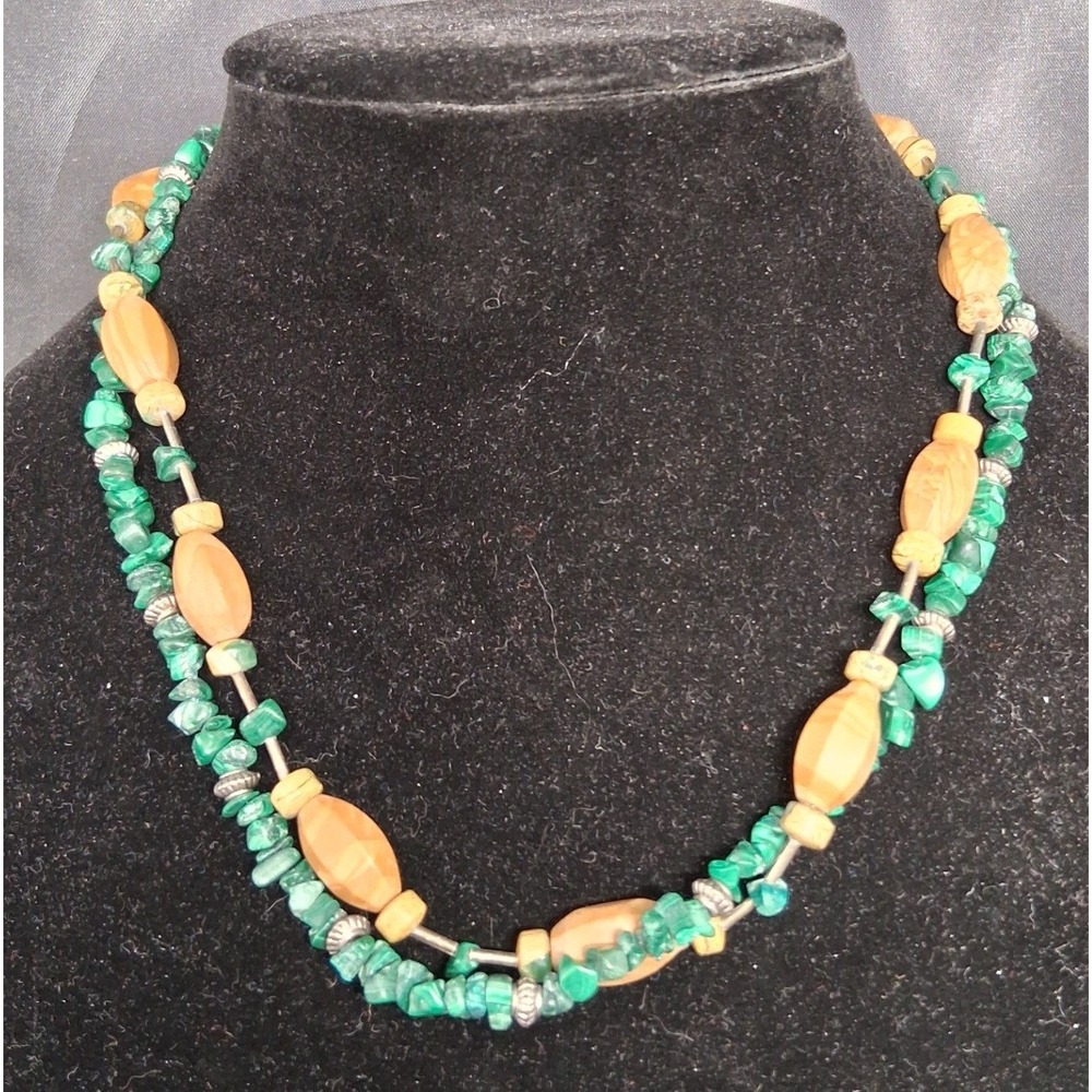 Green Malachite Chip and Wood Bead Double Strand Necklace 18 Inch Barrel Clasp